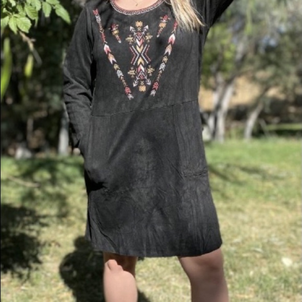 Faux Suede A-line dress-beautiful embroidery design all over the front!